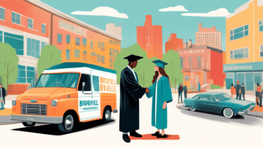 A person in a graduation cap and gown shaking hands with someone in a suit, with a moving van in the background and buildings labeled Bronxville and Irvington on opposite sides.