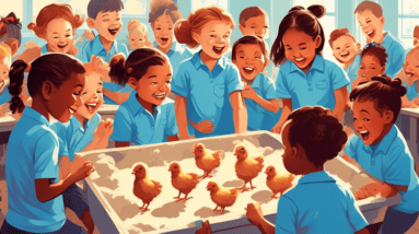 A classroom of excited children in blue shirts that say Bronxville Chicks watching baby chickens hatch from eggs in an incubator.