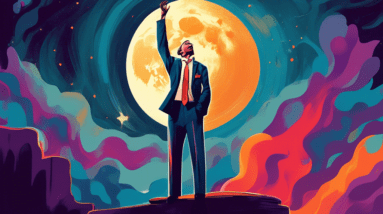 A man named John Wolfe wearing a business suit howling at the moon