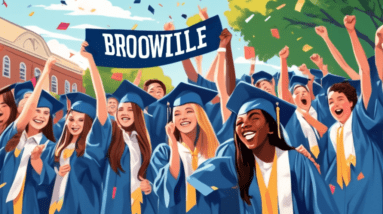 A group of smiling eighth graders in graduation gowns and caps tossing their caps in the air, with a banner that reads Bronxville High School - Class of [Year] in the background.