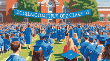 A graduation ceremony held on a sunny day on the front lawn of Bronxville High School, with students in blue caps and gowns, excited parents taking pictures, and a large Congratulations Class of 2024