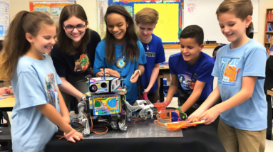 A diverse group of smiling Bronxville Juniors teach excited elementary school students how to build a robot from a STEAM kit.