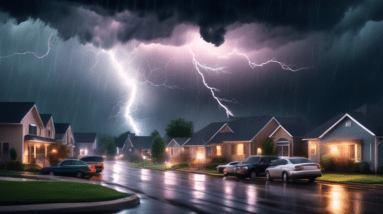 A severe thunderstorm with dark storm clouds and lightning strikes over a suburban neighborhood with visible houses and cars on the street, digital art, dramatic lighting