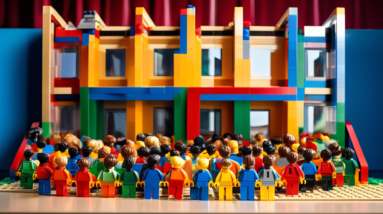 A diverse group of second graders presenting elaborate lego models to a school board in a school auditorium, with one model being a colorful school building with a slide coming out of the window.