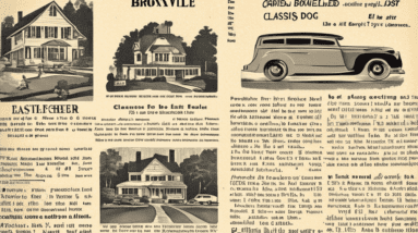 A vintage newspaper clipping with the headline Bronxville-Eastchester Classifieds featuring quaint illustrations of a house for sale, a car for sale, and a lost dog.