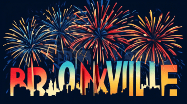 Fireworks exploding over a silhouette cityscape with the words Bronxville Eastchester July 4th in bold letters.