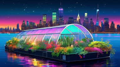 A futuristic, floating greenhouse barge on the Hudson River in New York City, filled with lush plants and glowing with colorful lights, with the city skyline in the background.