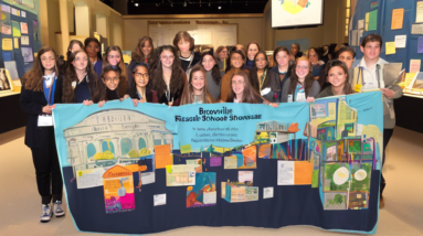 Bronxville students presenting their research project at the Smithsonian museum, with a banner that reads Bronxville Students Research Showcase.