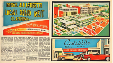 A vintage newspaper clipping with the headline Bronxville-Eastchester Classifieds showing ads for local businesses, apartments for rent, and used cars for sale.